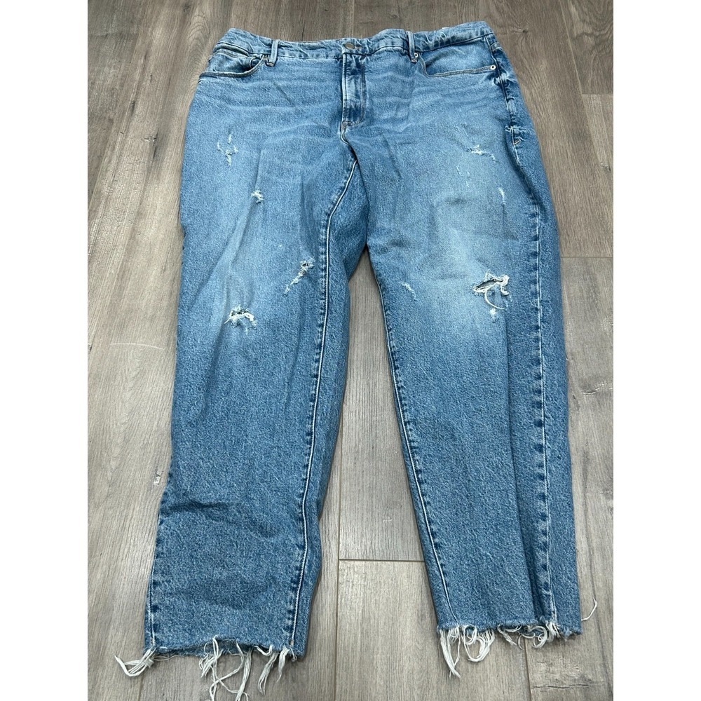 Good American Jeans Womens Size 15 Medium Wash Distressed Straight Leg Raw Hem